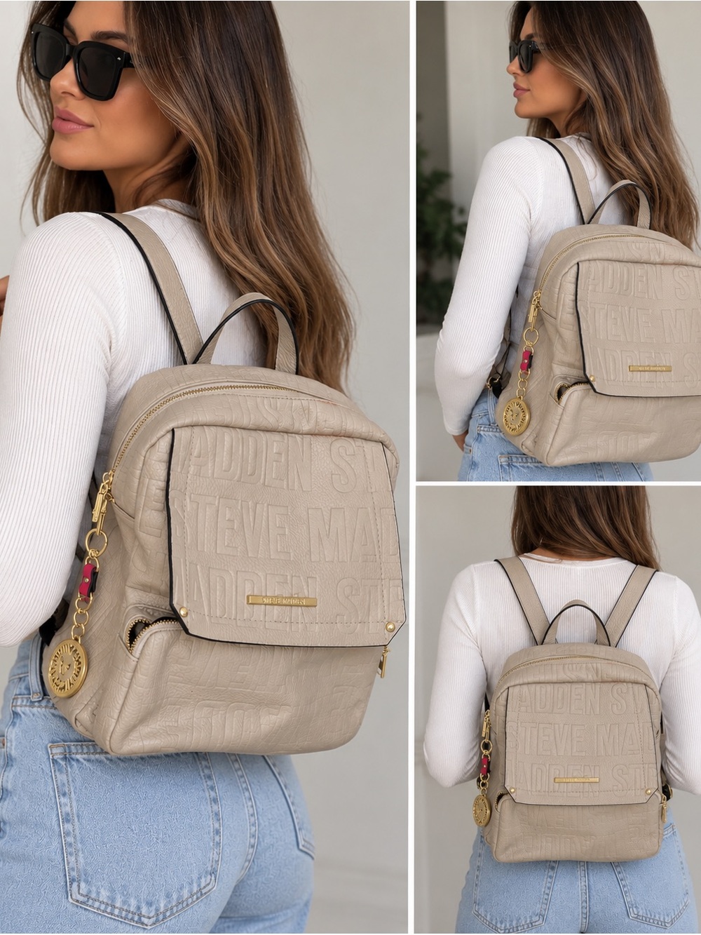 Steve Madden Taupe Embossed Logo Backpack